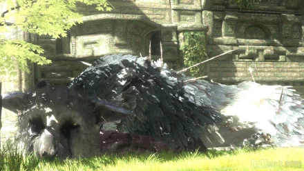 HD wallpaper featuring a scene from The Last Guardian with the creature Trico resting in a verdant ruin.