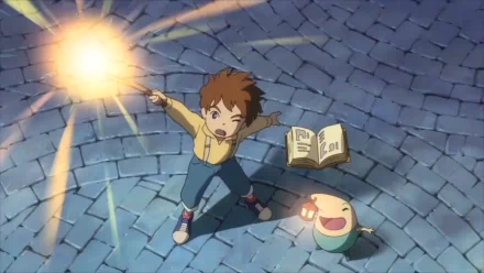 HD Ni No Kuni wallpaper featuring a boy casting a spell with a magical book and his smiling companion.