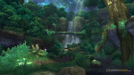 HD desktop wallpaper featuring a serene forest scene from Ni No Kuni with waterfalls, lush greenery, and mystical lights.