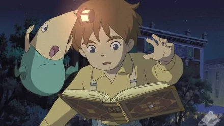 HD desktop wallpaper of Ni No Kuni featuring a boy with a book and his companion in a magical night setting.