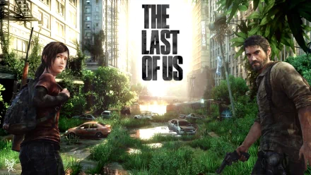 HD wallpaper and background image from the video game The Last of Us, featuring two characters standing in a post-apocalyptic urban environment with overgrown vegetation and abandoned vehicles.
