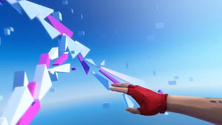 HD desktop wallpaper of Mirror's Edge featuring a hand touching a burst of abstract shards in a vibrant blue sky.