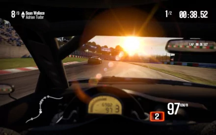 HD desktop wallpaper featuring a first-person view from inside a car in Need for Speed: Shift 2 Unleashed during sunset on a racetrack.