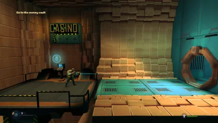 HD wallpaper featuring a scene from the game Rochard, with a character near a 'CASINO' sign and a robotic arm.