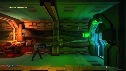 HD wallpaper of a Rochard game scene with a character exploring a futuristic facility.