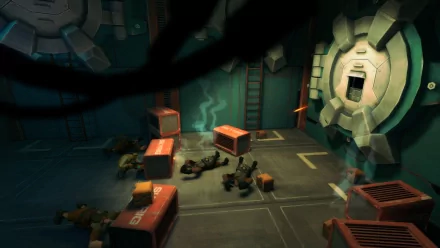 HD desktop wallpaper featuring a scene from the game Rochard with crates and fallen characters in a sci-fi setting.