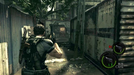 HD desktop wallpaper of Resident Evil 5 featuring a character aiming a gun in a gritty, post-apocalyptic environment.
