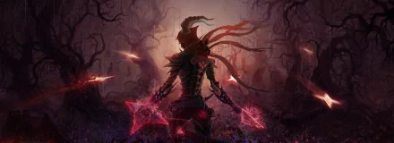 HD wallpaper featuring a Demon Hunter from Diablo III, poised in combat within a dark, mystical setting.