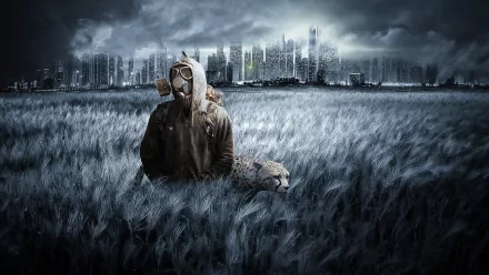 HD wallpaper of a person in a gas mask sitting in a field with a desolate cityscape in the background.
