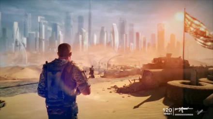 HD desktop wallpaper from Spec Ops: The Line featuring a soldier looking at a war-torn city skyline.