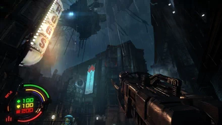 HD desktop wallpaper of a dystopian cityscape with neon signs from the game Hard Reset, featuring a first-person view of a futuristic weapon.