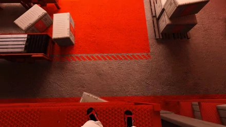 HD desktop wallpaper from Mirror's Edge featuring a first-person view of a runner's legs on a red building ledge, overlooking a stark urban landscape.