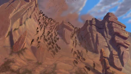 HD wallpaper from The Lion King (1994) featuring a wildebeest stampede in a canyon.