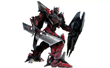 HD PC desktop wallpaper featuring a detailed Transformers movie character wielding a large sword and shield on a white background.