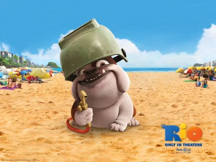 HD desktop wallpaper from Rio featuring a cheerful animated character on a sunny beach with a bucket on its head and a shovel in hand.