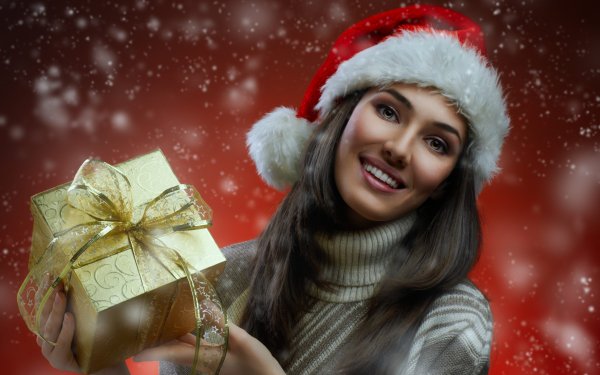 Holiday Christmas Santa Hat Gift Smile Brunette HD Wallpaper | Background Image