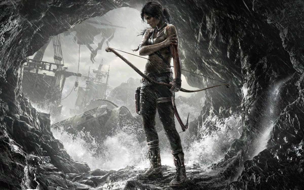 A dramatic HD PC desktop wallpaper featuring Lara Croft from the Tomb Raider video game, set against a moody, stormy background with hints of adventure and danger.