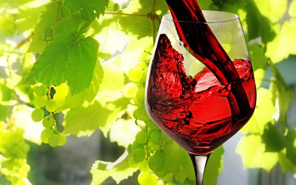5K Ultra HD PC desktop wallpaper of red wine splashing into a glass before sunlit grapevine with green grapes — food, wine background.