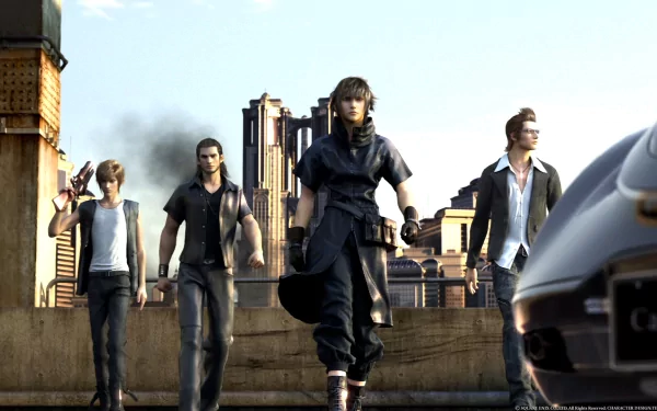 HD desktop wallpaper featuring characters from Final Fantasy Versus XIII posed dramatically on a cityscape background.