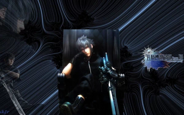 HD desktop wallpaper featuring a character from Final Fantasy Versus XIII, set against a swirling dark blue background with game logo.