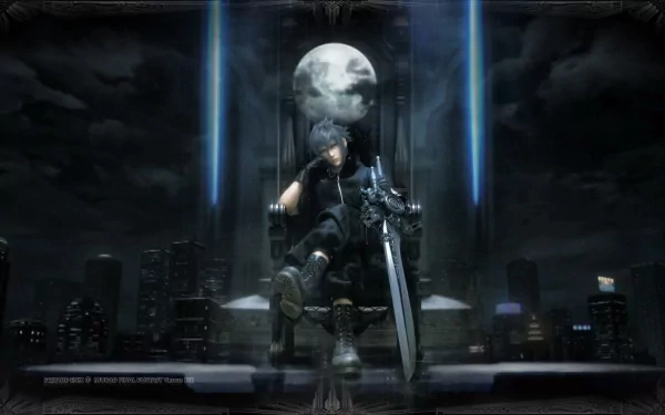 HD wallpaper of Noctis Lucis Caelum from Final Fantasy Versus XIII, seated with a sword against a moonlit cityscape background.