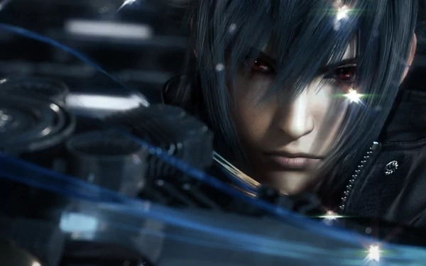 HD Final Fantasy Versus XIII desktop wallpaper featuring a close-up of a determined male character with striking blue eyes and glinting sword.