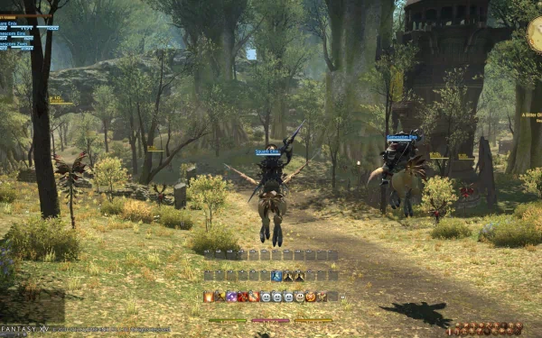 HD wallpaper of Final Fantasy XIV: A Realm Reborn showing players on chocobos in a lush forest setting with in-game UI visible.