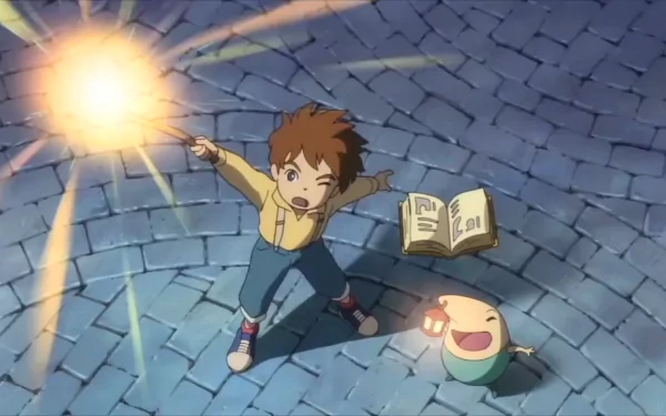 HD Ni No Kuni wallpaper featuring a boy casting a spell with a magical book and his smiling companion.