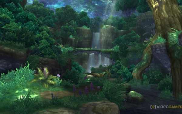 HD desktop wallpaper featuring a serene forest scene from Ni No Kuni with waterfalls, lush greenery, and mystical lights.