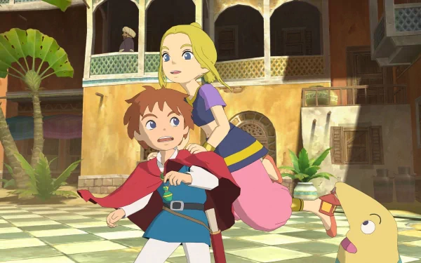 HD desktop wallpaper featuring characters from Ni No Kuni in a vibrant animated scene.