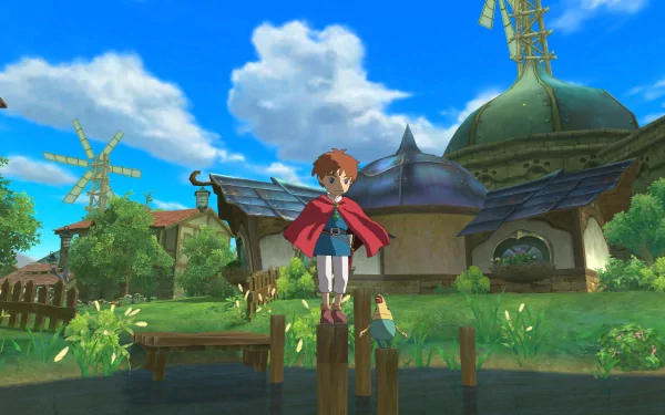 HD wallpaper of Ni No Kuni featuring the protagonist standing in a vibrant fantasy landscape with windmills and a dome structure.