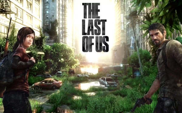 HD wallpaper and background image from the video game The Last of Us, featuring two characters standing in a post-apocalyptic urban environment with overgrown vegetation and abandoned vehicles.