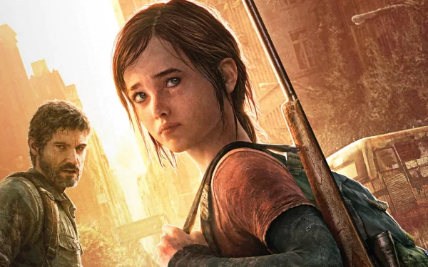 HD desktop wallpaper from The Last Of Us featuring the two main characters in a post-apocalyptic setting.