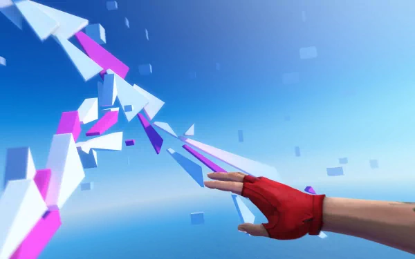 HD desktop wallpaper of Mirror's Edge featuring a hand touching a burst of abstract shards in a vibrant blue sky.