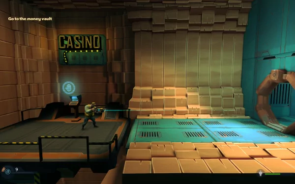 HD wallpaper featuring a scene from the game Rochard, with a character near a 'CASINO' sign and a robotic arm.