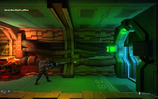 HD wallpaper of a Rochard game scene with a character exploring a futuristic facility.