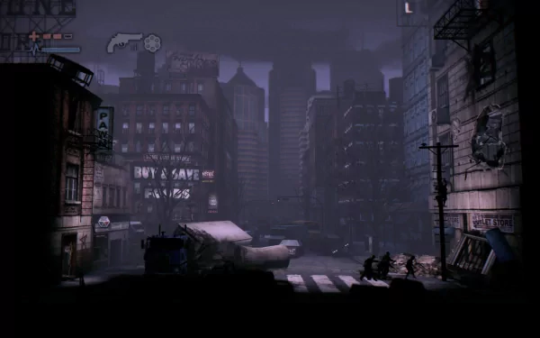 HD desktop wallpaper featuring a desolate urban scene from the game Deadlight with shadowy buildings and eerie atmosphere.