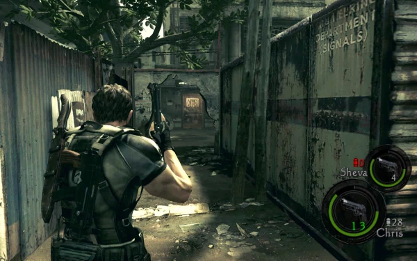 HD desktop wallpaper of Resident Evil 5 featuring a character aiming a gun in a gritty, post-apocalyptic environment.