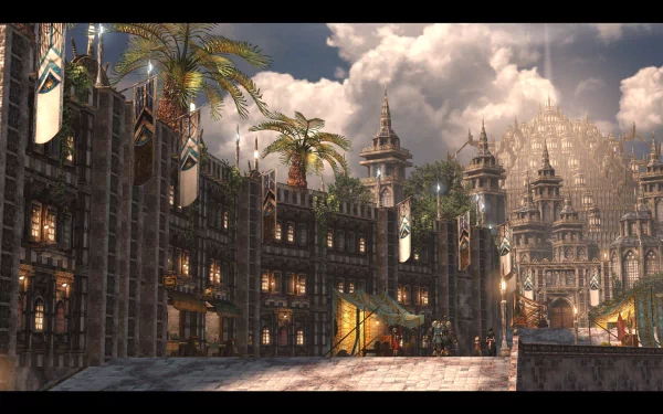 HD desktop wallpaper of a 'The Last Remnant' game scene featuring an intricate fantasy cityscape with towering structures and banners.