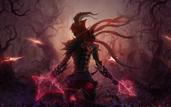 HD wallpaper featuring a Demon Hunter from Diablo III, poised in combat within a dark, mystical setting.