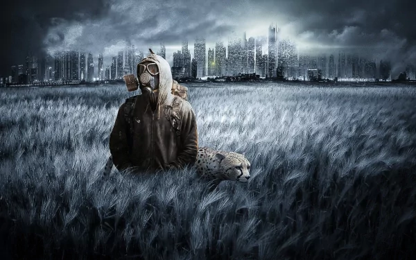 HD wallpaper of a person in a gas mask sitting in a field with a desolate cityscape in the background.