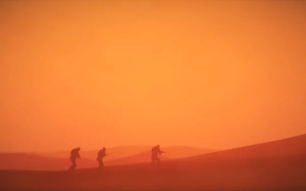 HD PC desktop wallpaper featuring silhouetted soldiers walking through a desert at sunset, inspired by the video game Spec Ops: The Line.