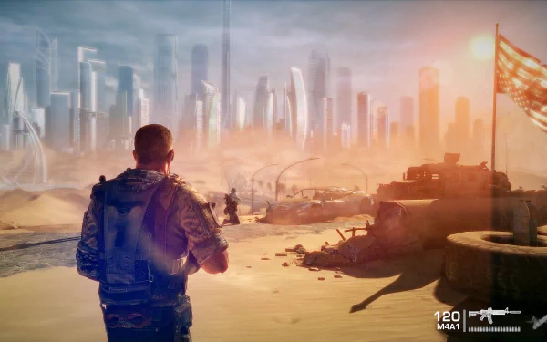 HD desktop wallpaper from Spec Ops: The Line featuring a soldier looking at a war-torn city skyline.