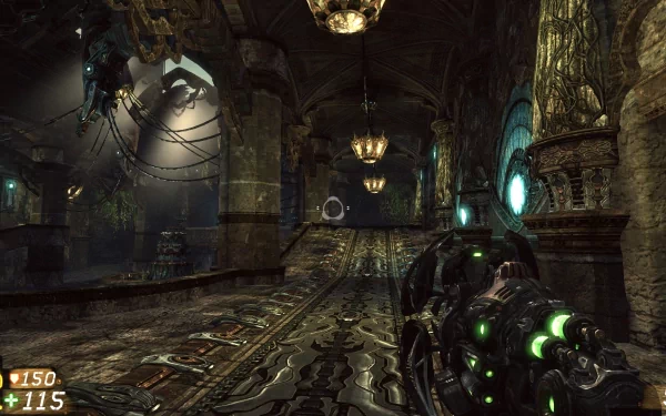 HD desktop wallpaper of Unreal Tournament 3 gameplay, featuring an interior fight scene with futuristic weaponry and gothic architecture.