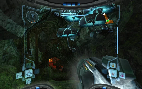 HD desktop wallpaper featuring a first-person view from Metroid Prime with a futuristic arm cannon and HUD elements.