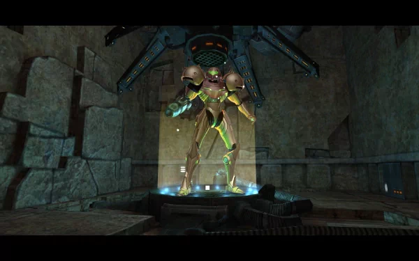 A stunning HD desktop wallpaper featuring Samus Aran from Metroid Prime, showcased in a futuristic chamber with intricate designs and dramatic lighting.