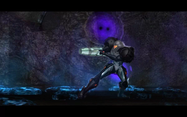 An HD desktop wallpaper from Metroid Prime featuring the protagonist in a dynamic pose, set against a mysterious, illuminated cave background with glowing elements.