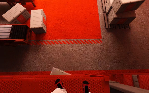 HD desktop wallpaper from Mirror's Edge featuring a first-person view of a runner's legs on a red building ledge, overlooking a stark urban landscape.