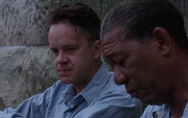 HD wallpaper of a scene from The Shawshank Redemption featuring two characters engaged in a solemn conversation.