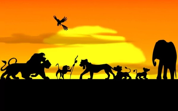 HD desktop wallpaper background featuring The Lion King (1994) silhouette characters against an orange sunset.